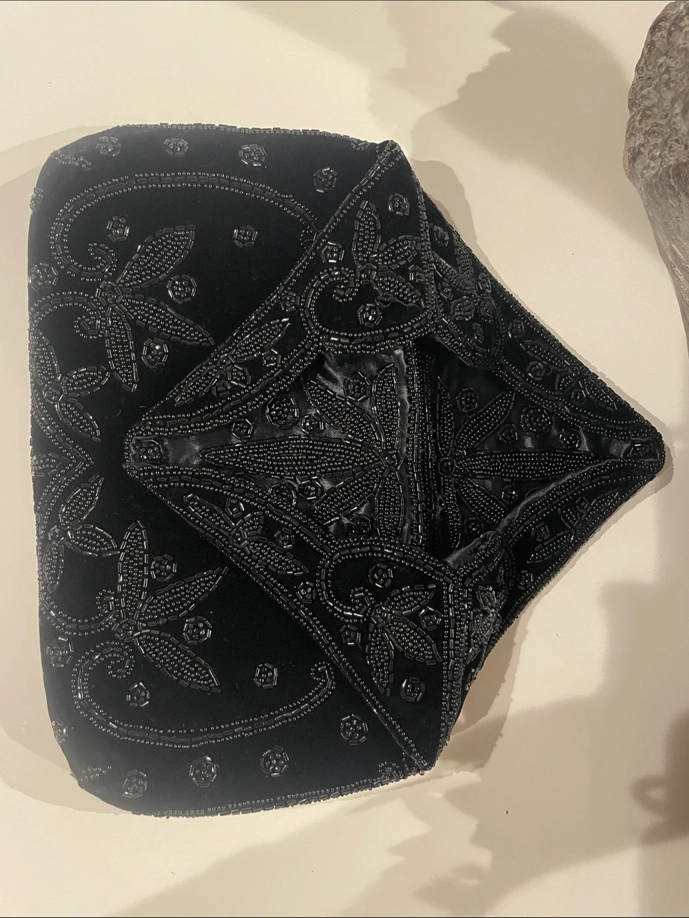 VINTAGE Black Velvet Hand-Beaded Envelope Evening Clutch Bag ~ Made In France